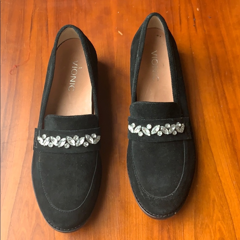 Vionic loafers, flats, Black suede, rhinestones